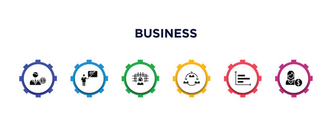 business filled icons with infographic template. glyph icons such as man with money gears, man presentation, multitasking woman, work parteners, horizontal bar chart, woman with money vector.