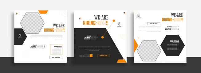 We are hiring job vacancy social media post banner design template with orange and white color. We are hiring job vacancy square web banner design.