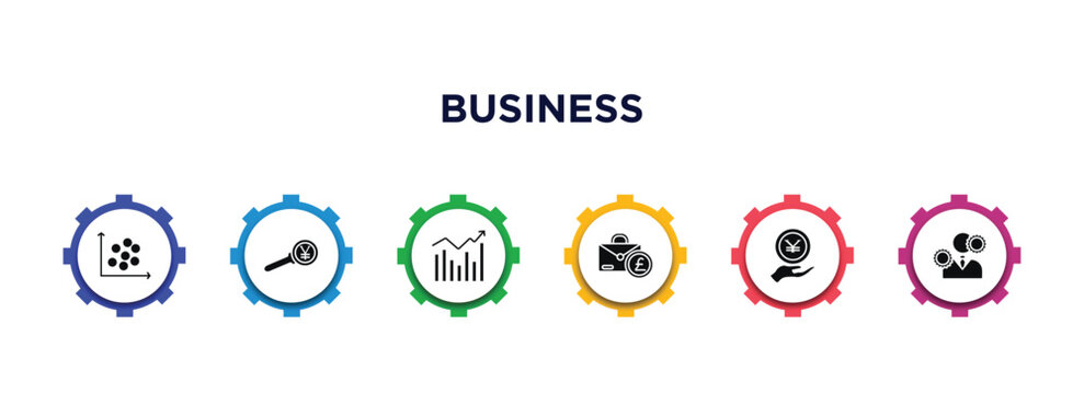 business filled icons with infographic template. glyph icons such as scatter chart, yen business search, marketing chart, pounds bag of business, yen coin on hands, man with solutions vector.