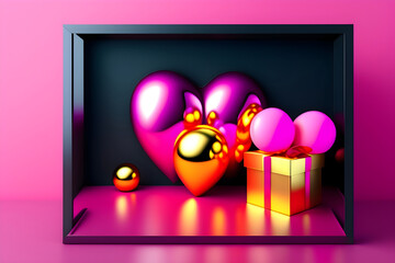 A beautiful gift box with balloons on Pink background