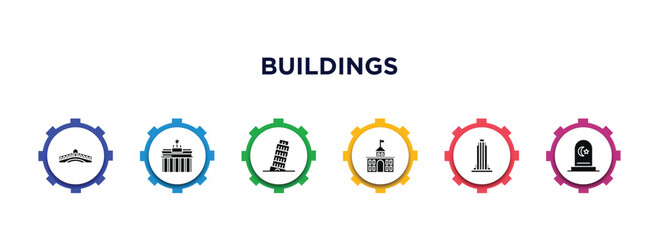 buildings filled icons with infographic template. glyph icons such as rialto bridge, brandenburg gate, pisa tower, goverment building, state building, islamic cemetery vector.