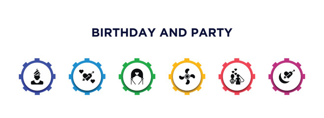 birthday and party filled icons with infographic template. glyph icons such as birthday boy, cupid, wedding altar, blower, newlyweds, honeymoon vector.