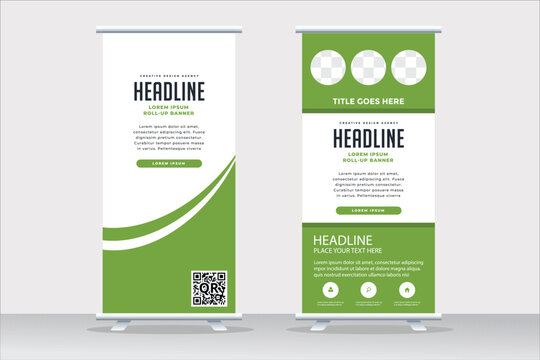 Banner roll-up design, business concept. Graphic template roll-up for exhibitions, banner for seminar, layout for placement of photos. Universal stand for conference, promo banner vector background