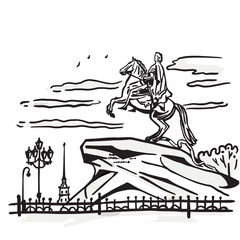 View of St. Petersburg on the monument to Peter the Great and the Peter and Paul Fortress. Sketch. Black and white illustration.