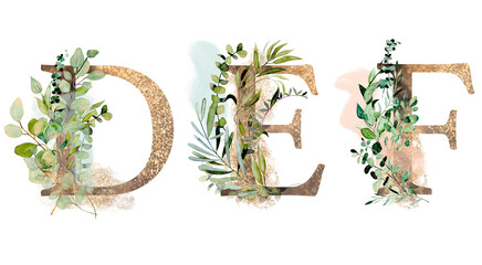 Set of gold letters with watercolor eucalyptus and greenery branches, isolated illustration on white background, for wedding monogram, greeting cards, logo