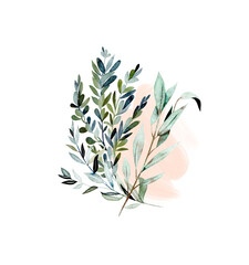 Floral arrangement of greenery and watercolor stain, isolated illustration on a white background