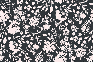 bicolor contour silhouette seamless pattern with flowers and leaves. Abstract floral spring, summer pattern.