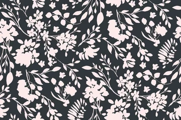 Gardinen Blumen Muster  bicolor contour silhouette seamless pattern with flowers and leaves. Abstract floral spring, summer pattern.  © taisiyakozorez