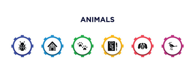 animals filled icons with infographic template. glyph icons such as ladybird, kennel, pawprint, fish and knife, pekingese, pheasant vector.