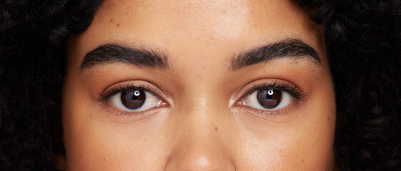 Eyes, eyebrow and beauty with face, microblading and black woman in closeup, makeup and lashes with...