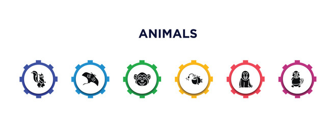 animals filled icons with infographic template. glyph icons such as skunk, ray, chimpanzee, angler, baboon, beaver vector.