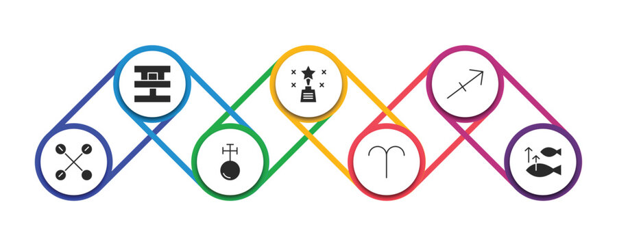 zodiac filled icons with infographic template. glyph icons such as standard of quality, excellence, sagittarius, gods guidance, antimony, aries, abundance vector.