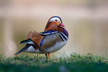 The mandarin duck (Aix galericulata) stands on the shore of the lake. The background is blurred....