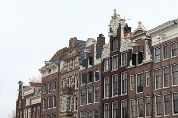 Fototapeta na wymiar Amsterdam Kalkmarkt Street Historic Brick House Facades View, Netherlands