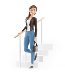 3d cartoon woman walking down stairs