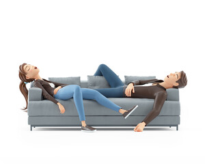 3d cartoon man and woman sleeping on sofa