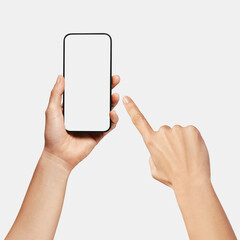Hand holding a smartphone, and another hand pointing