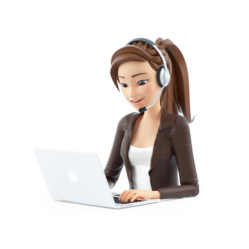 3d cartoon woman with headset working on laptop