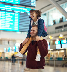 Father, travel and piggyback girl at airport, laughing at comic joke and having fun together....