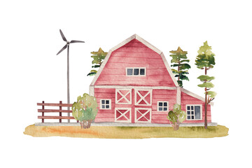 Watercolor red wooden barn and wind mill, isolated illustration on white background © nastyasklyarova