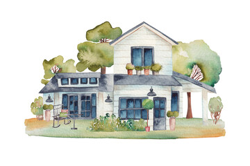 Watercolor illustration of white wooden american house with garden furniture and lawn, isolated illustration on white background