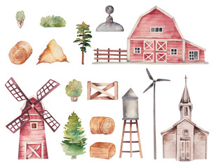 Set of watercolor red wooden barn, mill, rustic church and garden elements, isolated illustration on white background - 575263978