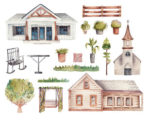 Set of watercolor wooden farmhouses, rustic church and garden elements, isolated illustration on white background - 575263989