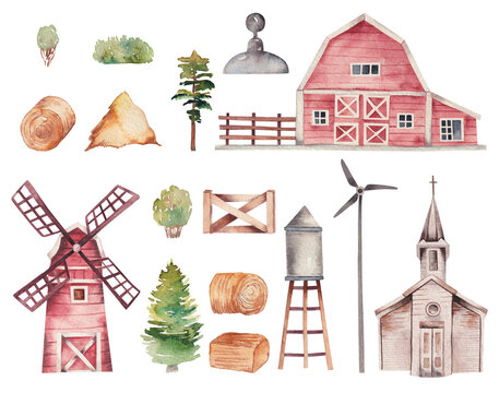 Set of watercolor red wooden barn, mill, rustic church and garden elements, isolated illustration on white background