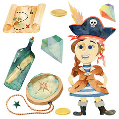 Set of watercolor funny pirates, pirate map, compass, coins,  isolated elements on white background - 575264556