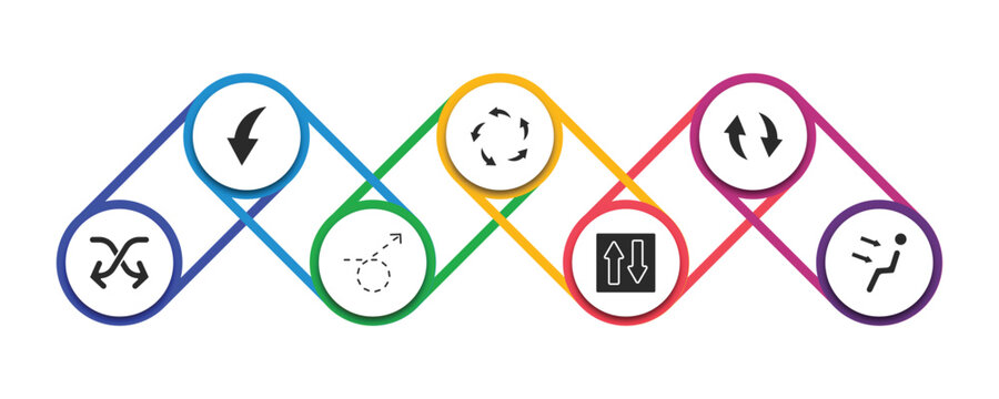 user interface filled icons with infographic template. glyph icons such as curved downward arrow, spinning arrows, update arrow, move content, curly dotted arrow, elevator arrows, air outlet vector.