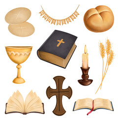 Religious clipart, illustration of a Bible, cross, bowl, candle and other religious elements; first communion and Easter clipart - 575264722