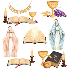 Religious clipart, illustration of a Bible, Virgin Mary, candle and other religious elements; first communion clipart - 575264727