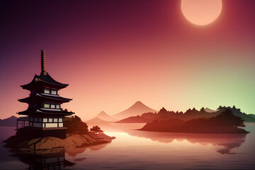 Fototapeta premium Japanese temple, sunset over the lake landscape with empty space for writing. Generative AI
