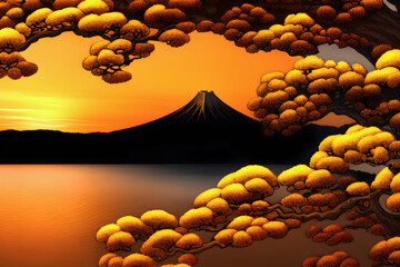 Fototapeta na wymiar Tree framing a volcano Japanese art. Generative AI