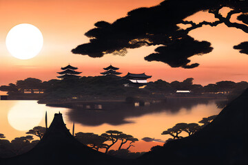 Sunset over feudal coastal city, Japanese style. Generative AI