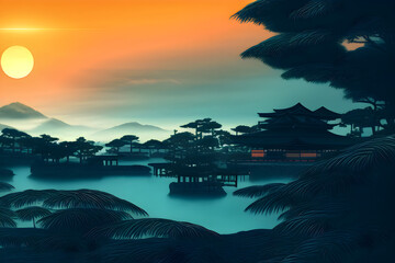 Sunset over feudal coastal city, Japanese style. Generative AI