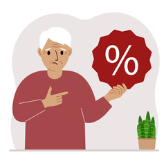 A man holds a percent sign in his hand. The concept of percentage, discount, promotion, interest rate, percent discount in shopping.