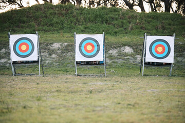 Bullseye target board, outdoor and field at shooting range for weapon training, aim and accuracy....