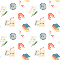 Fototapeta na wymiar Seamless pattern of graphic elements on the science theme (medicine, biology, chemistry, physics), science icons on white background