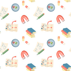 Seamless pattern of graphic elements on the science theme (medicine, biology, chemistry, physics), science icons on white background