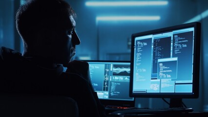 Computer Hacker in Hoodie. Obscured Dark Face. Concept of Hacker Attack, Virus Infected Software, Dark Web and Cyber Security.
