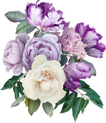 Bouquet of soft lilac roses and purple tulips isolated on a transparent background. Png file. ...