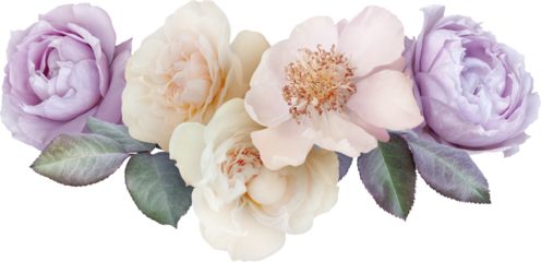 Bouquet of soft lilac and white roses isolated on a transparent background. Png file.  Floral arrangement. . Can be used for invitations, greeting, wedding card.