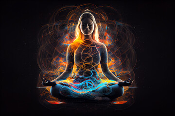Woman Meditating in yoga lotus pose mental transformation. A state of trance and deep meditation. A spiritual journey in the universe. Abstract chakra meditation energy background. Illustration - obrazy, fototapety, plakaty