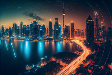 Modern smart city and architecture futuristic panoramic view.Smart city and wireless communication network technology in downtown skyscraper. Smart city wireless communication network gradient line