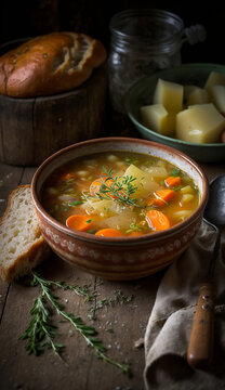 This stock photo depicts a bowl of homemade vegetable soup filled with chunky carrots, celery, and potatoes, in a clear broth seasoned with herbs and spices, topped with a sprig of fresh thyme.