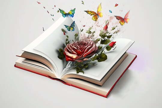 An open book with butterflies coming out of it ideal for fantasy and literature backgrounds, Rose on open book, Generative Ai