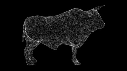 3D bull on black bg. Object dissolved white flickering particles. Business advertising backdrop. Science concept. For title, text, presentation. 3D animation