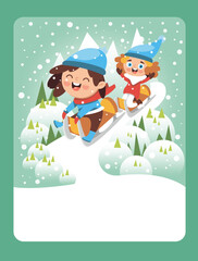 Vector illustration kids have fun sledding in winter. It can be used as a playing card, for children's development and learning.