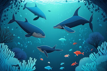 Big whale illustration, Underwater landscape, sperm whale, fish shoal and manta ray in seaweeds, vector undersea background, Sea or ocean deep water and coral reef landscape with whale, Generative Ai